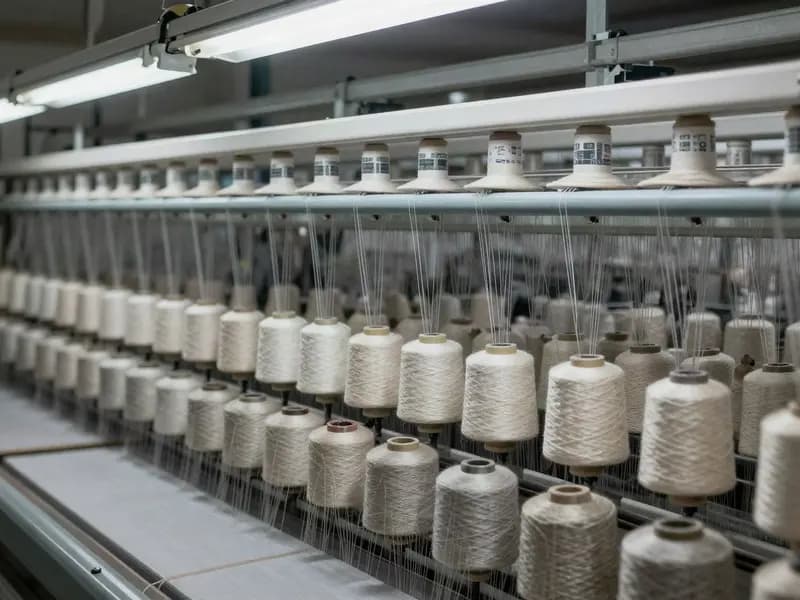Spools of synthetic yarn on a textile mill machine