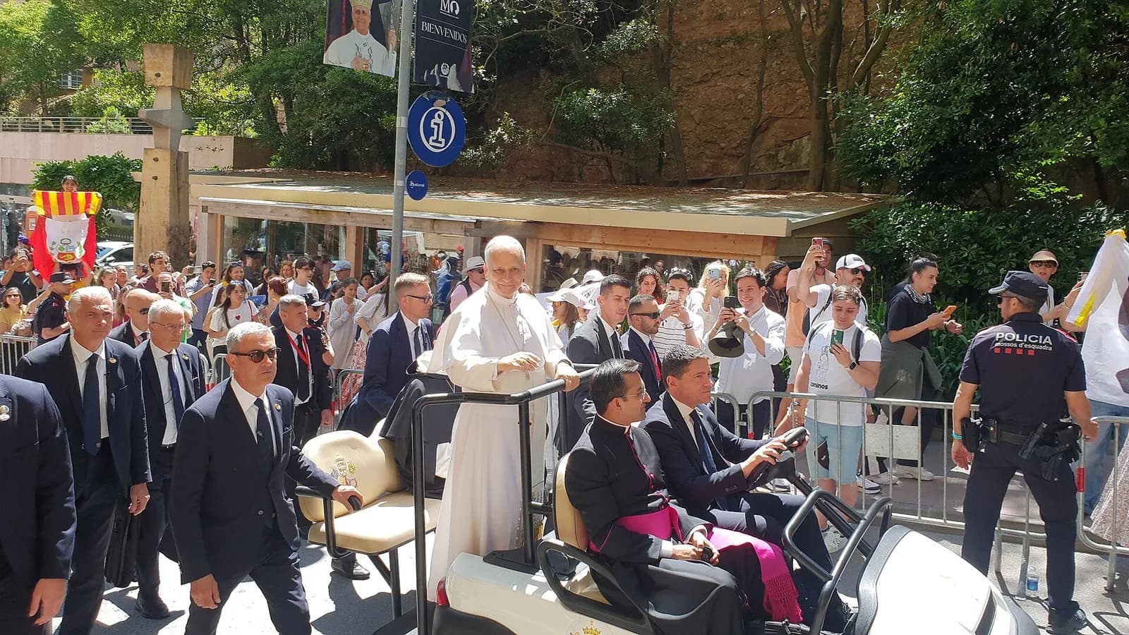 Pope Leo XIV in white greeting a crowd of pilgrims and officials at the Abbey of Santa Maria de Montserrat in Spain, photographed on 10 June 2026, a file photograph and not from Rome's Gemelli hospital or this week