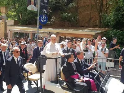 Pope Leo XIV in white greeting a crowd of pilgrims and officials at the Abbey of Santa Maria de Montserrat in Spain, photographed on 10 June 2026, a file photograph and not from Rome's Gemelli hospital or this week