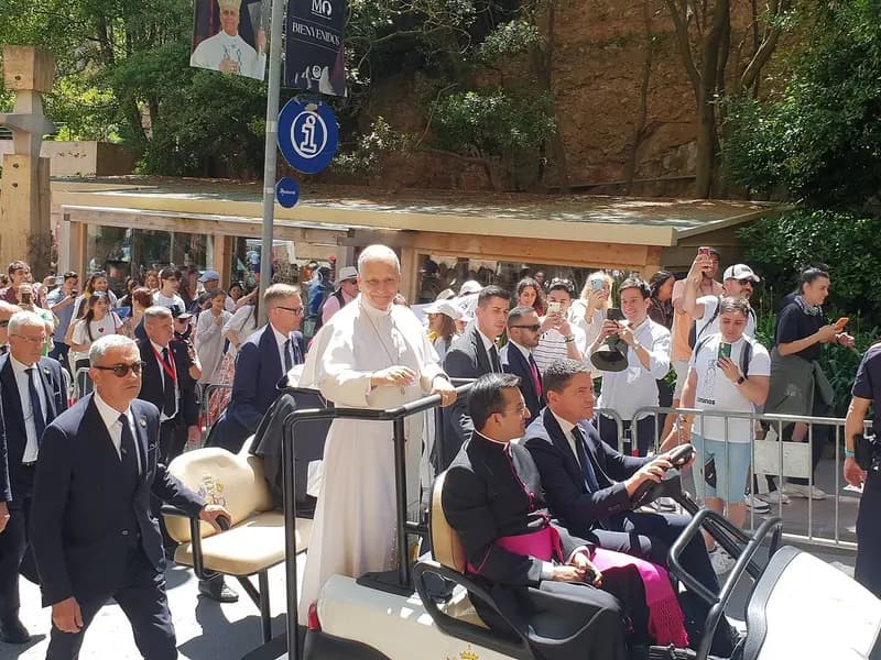 Pope Leo XIV in white greeting a crowd of pilgrims and officials at the Abbey of Santa Maria de Montserrat in Spain, photographed on 10 June 2026, a file photograph and not from Rome's Gemelli hospital or this week