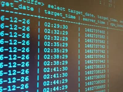 A terminal screen filled with rows of SQL query output with dates and timestamps, photographed on 24 February 2017, a file photograph illustrative of database work and not of PostgreSQL 19 or its release
