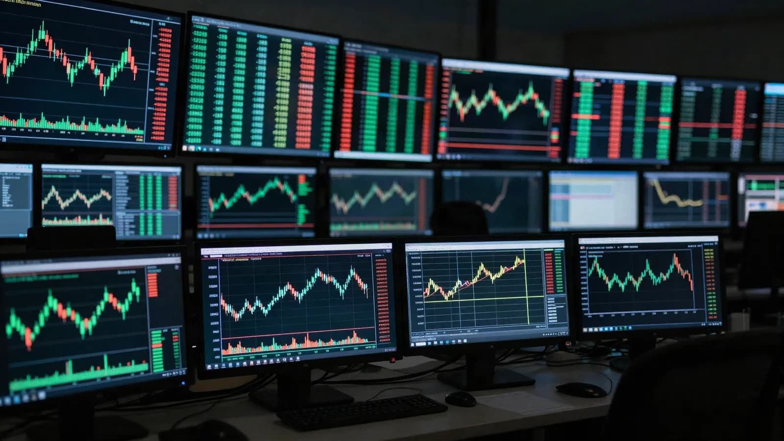 Financial market screens showing price data in a dark trading room