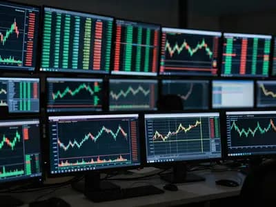 Financial market screens showing price data in a dark trading room