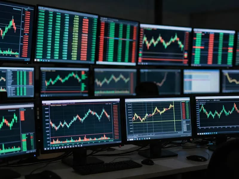 Financial market screens showing price data in a dark trading room