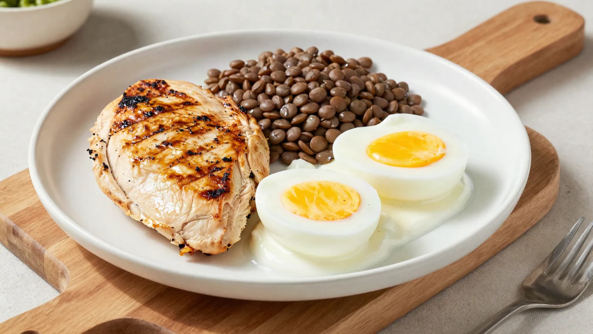 A board of protein foods including chicken, lentils and eggs