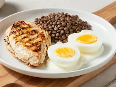 A board of protein foods including chicken, lentils and eggs