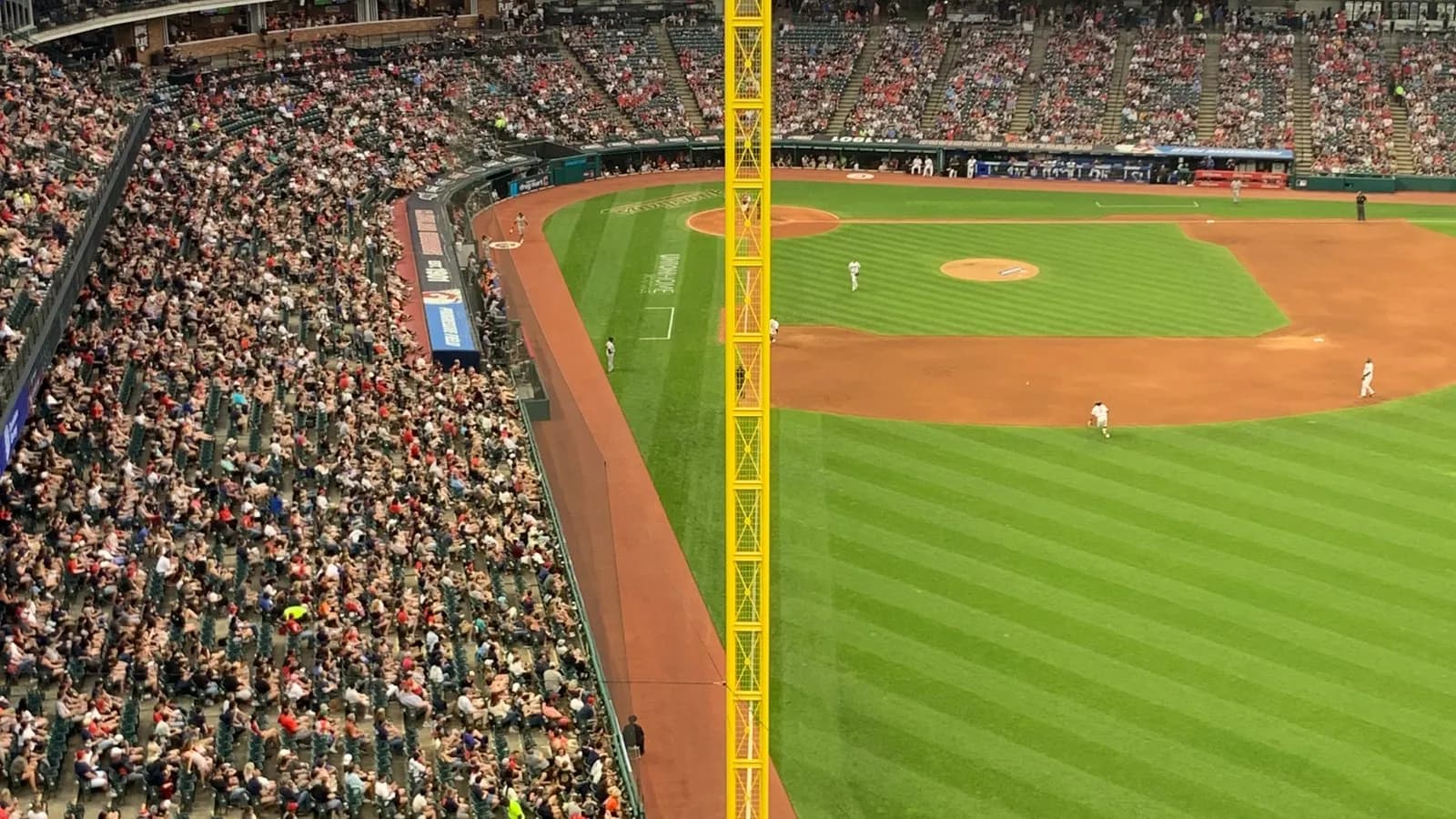 Progressive Field in Cleveland seen from the first base line, with the infield and a crowd in the stands, photographed on 20 May 2022, a file photograph of the ballpark and not from Sunday's Game 5