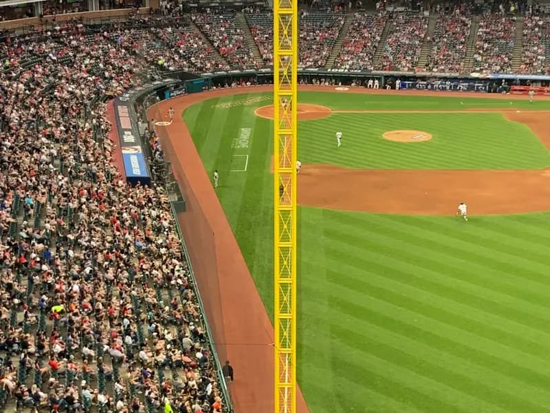 Progressive Field in Cleveland seen from the first base line, with the infield and a crowd in the stands, photographed on 20 May 2022, a file photograph of the ballpark and not from Sunday's Game 5