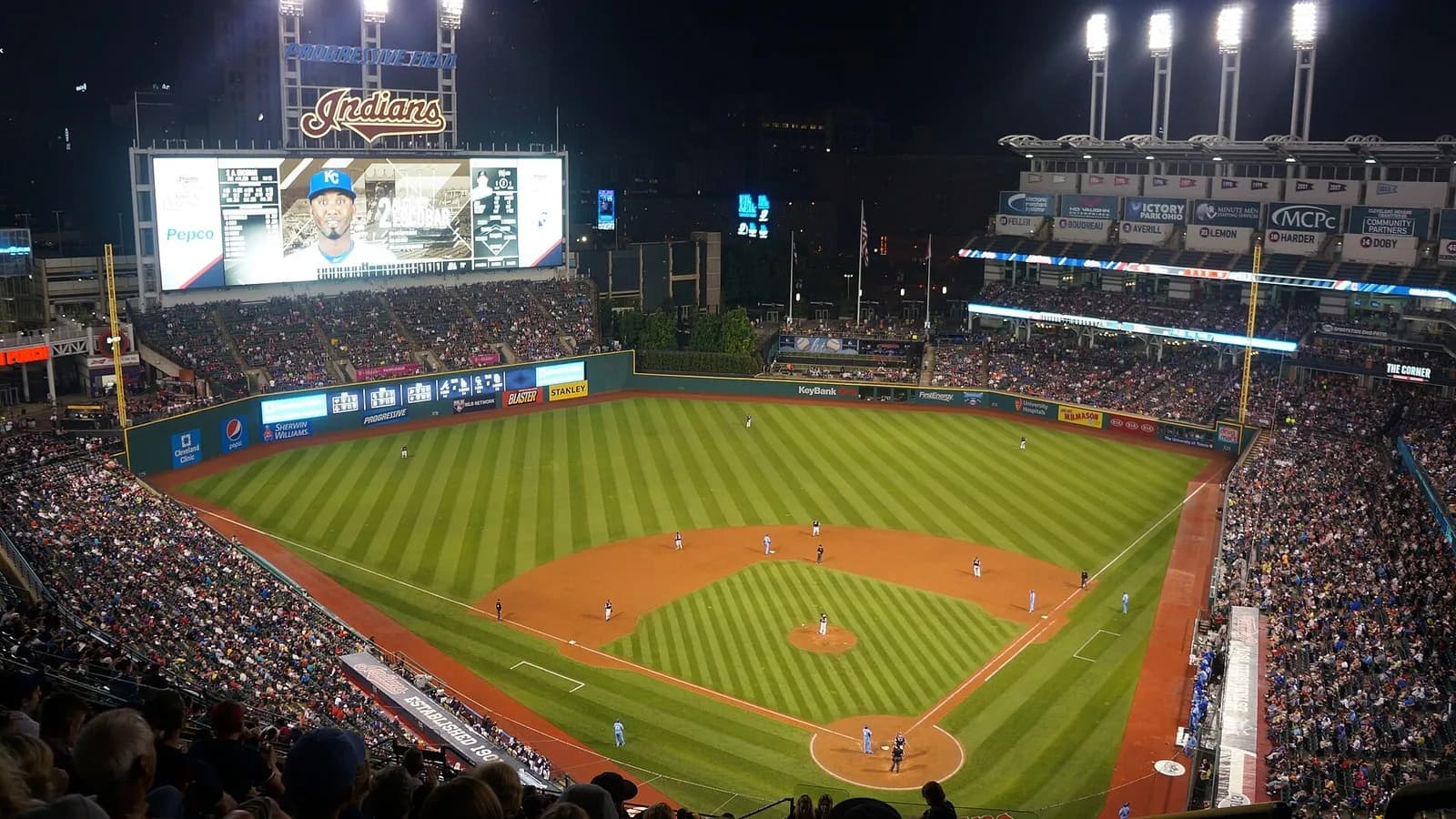 Progressive Field in Cleveland at night with the infield and floodlights lit, photographed on 4 June 2016, a file photograph of the ballpark and not from Saturday's Game 4