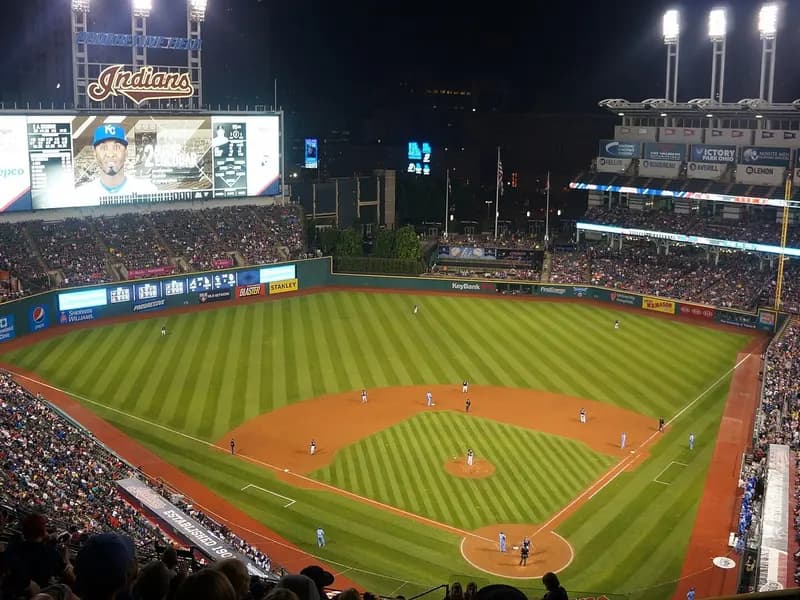 Progressive Field in Cleveland at night with the infield and floodlights lit, photographed on 4 June 2016, a file photograph of the ballpark and not from Saturday's Game 4