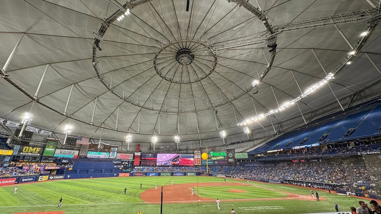 The playing field and domed roof of Tropicana Field in St Petersburg, Florida, photographed on 10 June 2024, a file photograph of the ballpark and not from Monday's Game 6