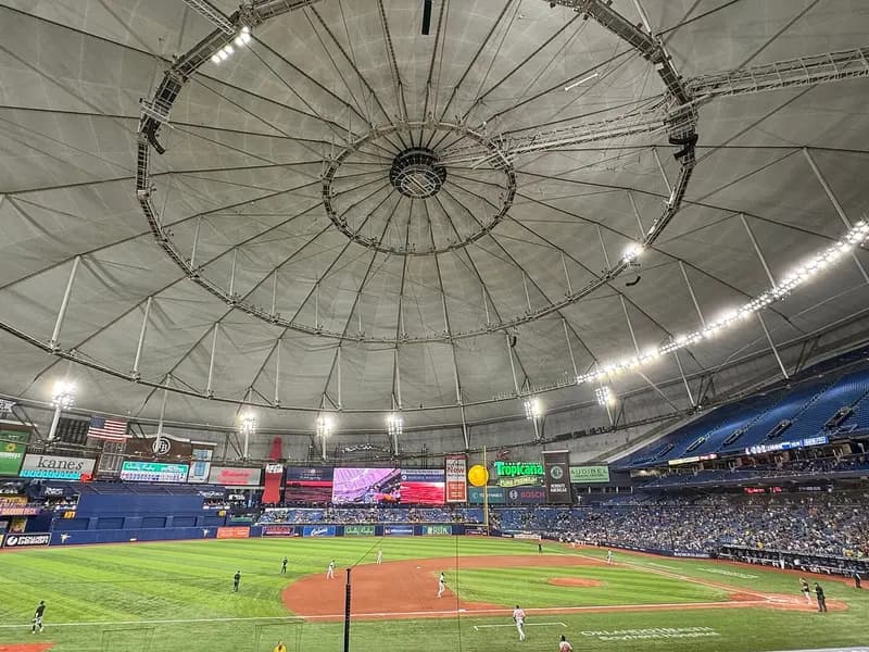 The playing field and domed roof of Tropicana Field in St Petersburg, Florida, photographed on 10 June 2024, a file photograph of the ballpark and not from Monday's Game 6