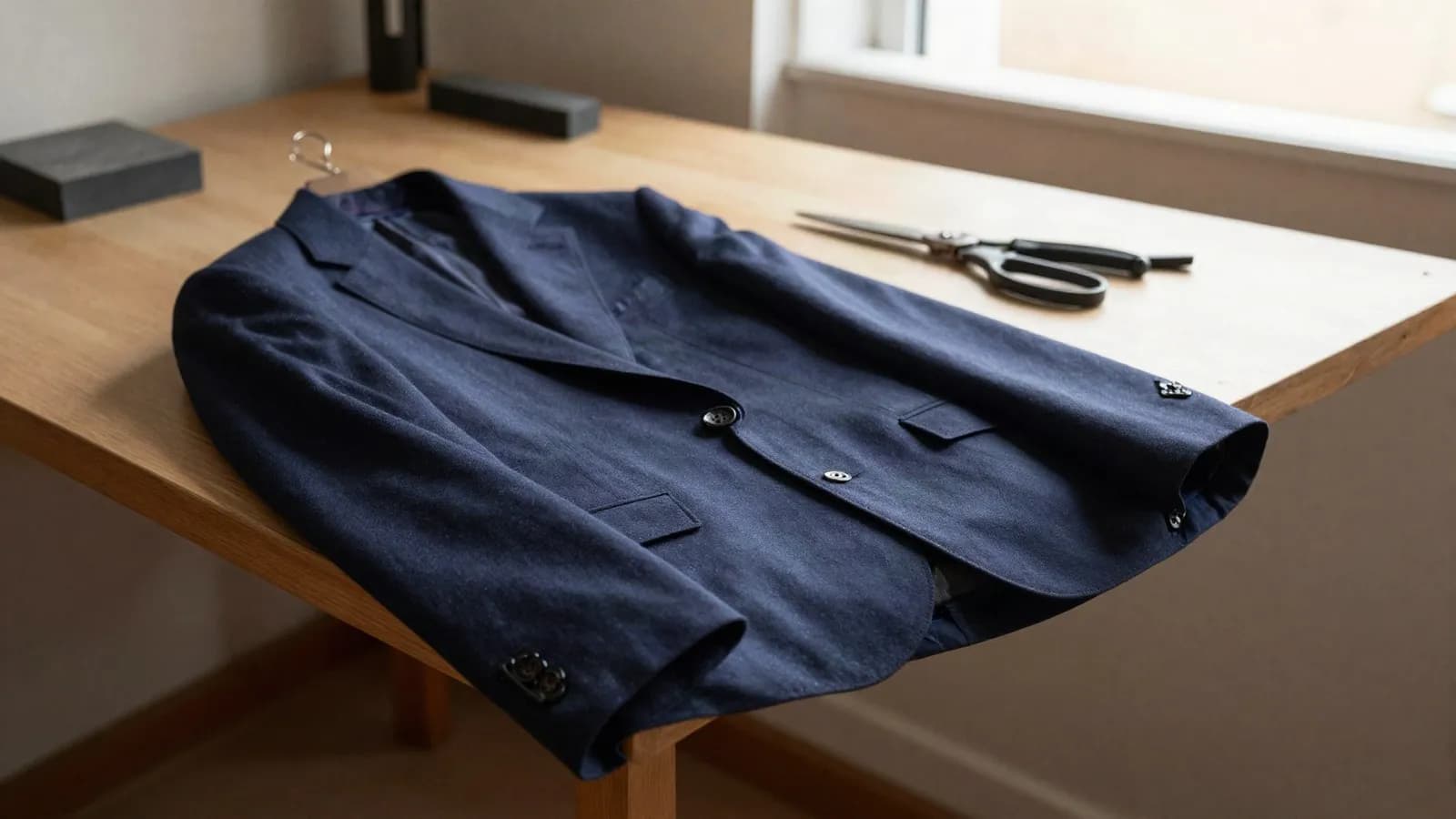 A softly structured navy wool jacket on a tailors workbench beside shears