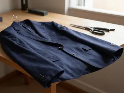 A softly structured navy wool jacket on a tailors workbench beside shears