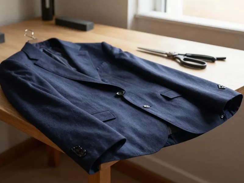 A softly structured navy wool jacket on a tailors workbench beside shears