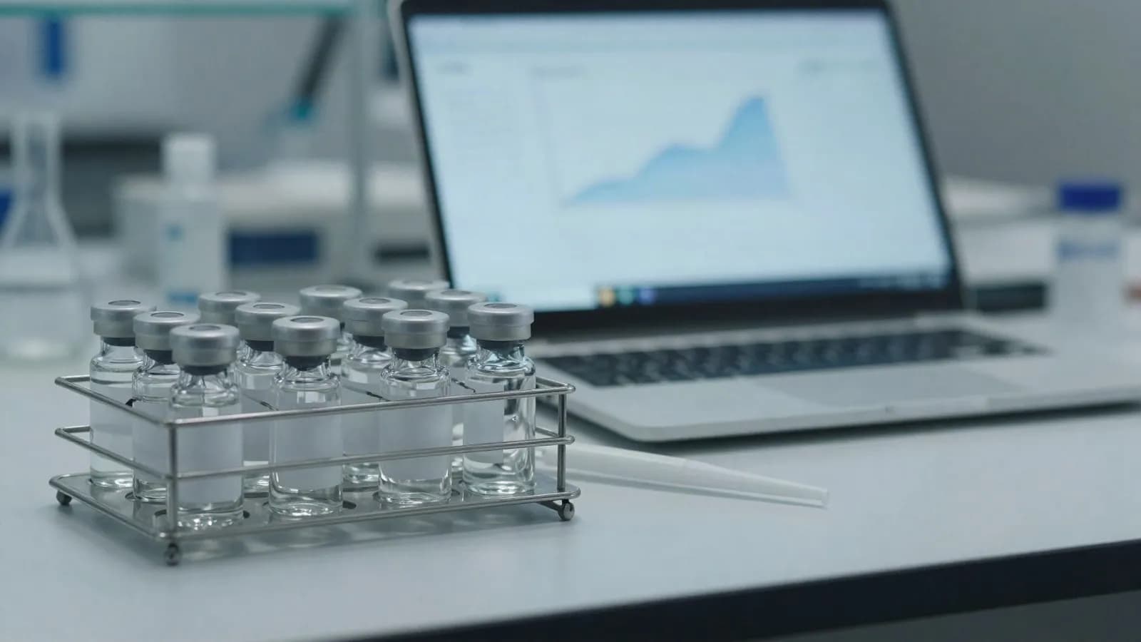 Unlabelled trial vials in a rack on a research bench