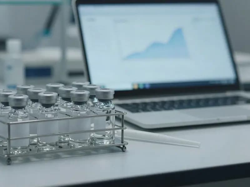 Unlabelled trial vials in a rack on a research bench