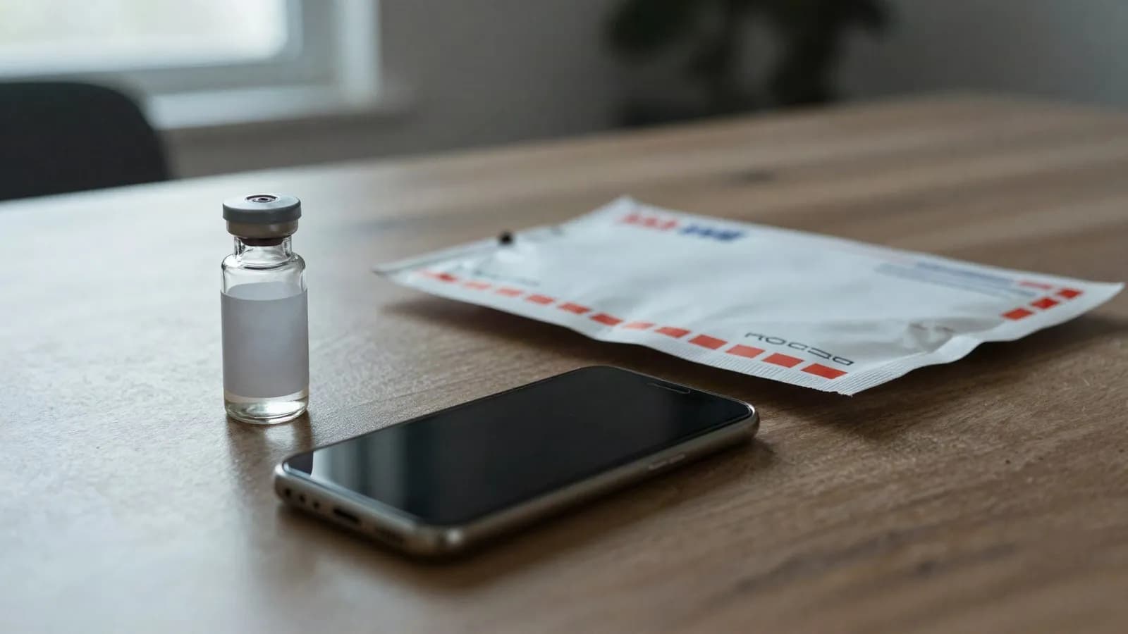 An unlabelled vial and a padded mailer on a domestic table