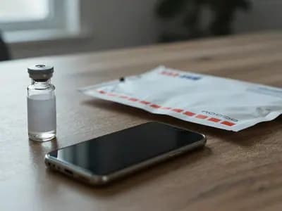 An unlabelled vial and a padded mailer on a domestic table