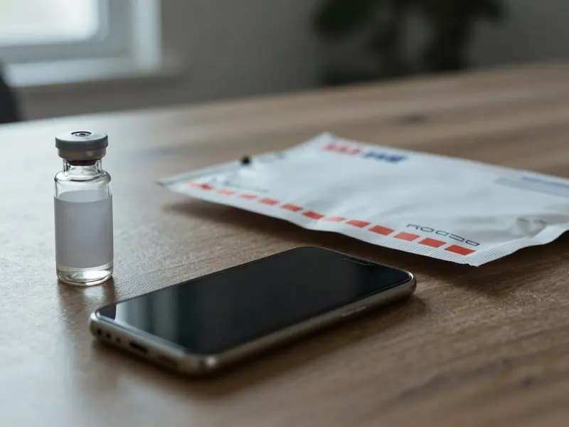 An unlabelled vial and a padded mailer on a domestic table