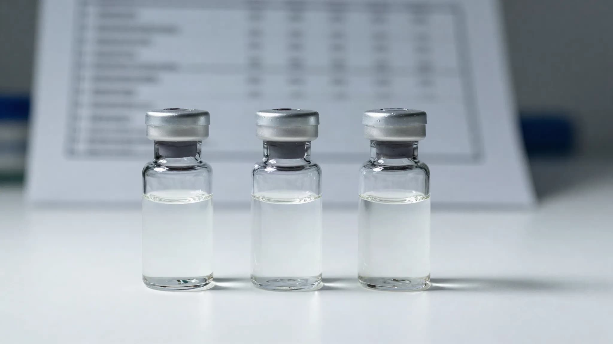 Three unbranded medicine vials on a laboratory surface
