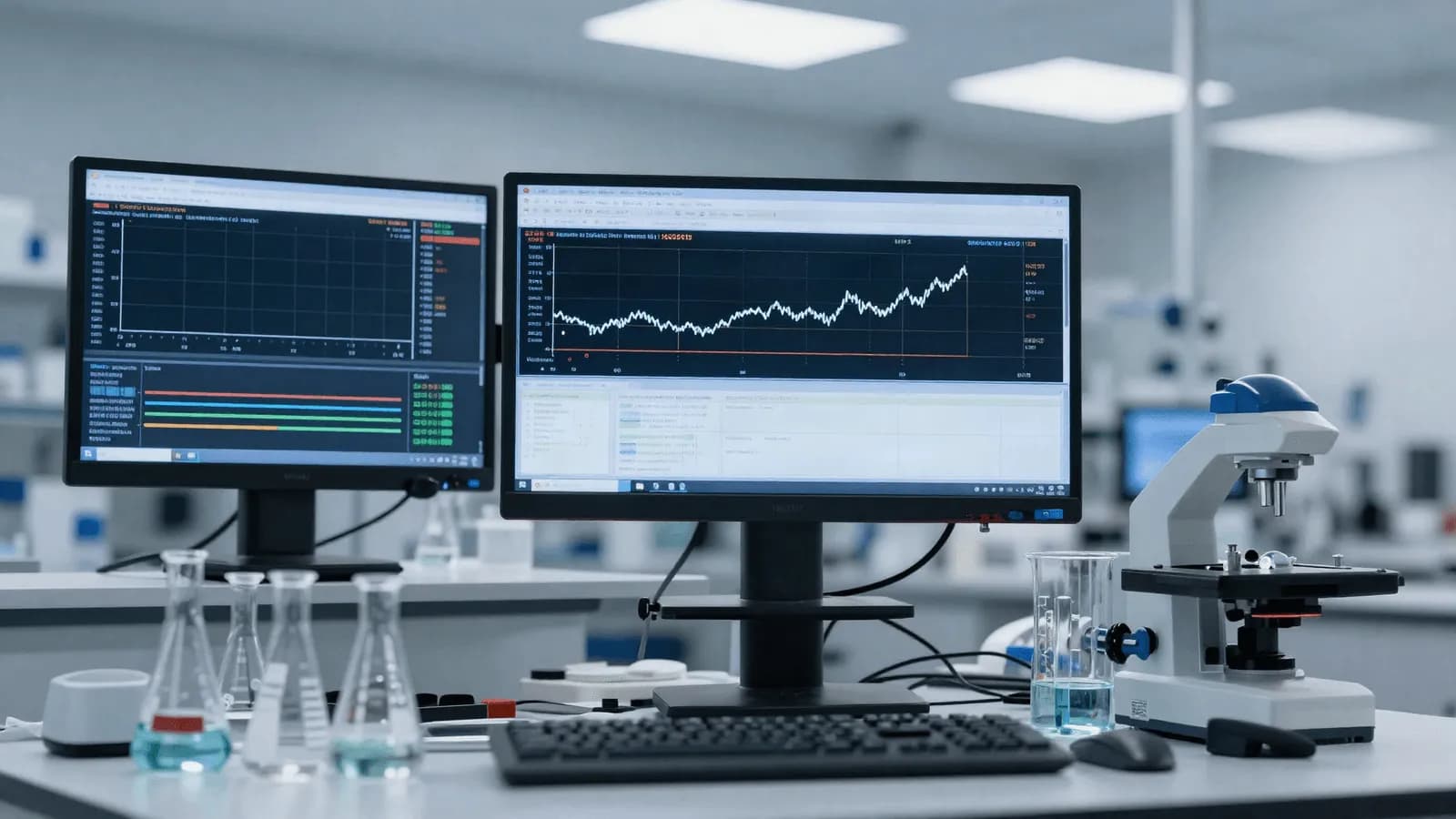 A clinical research setting with trial data displayed on screens beside laboratory equipment