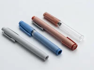 Injection pens and medication packaging arranged on a clinical surface