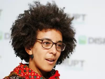 Timnit Gebru, one of the 2026 Right Livelihood laureates, speaking at TechCrunch Disrupt San Francisco in September 2018