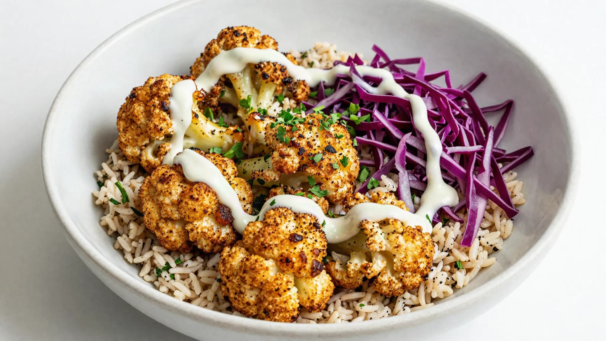 A bowl of spiced roasted cauliflower with tahini and rice