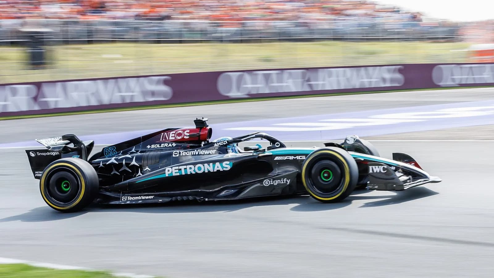 George Russell driving his Mercedes at the Dutch Grand Prix in Zandvoort in August 2024, a file photograph and not from Singapore or of the 2026 car