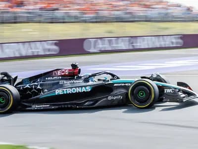 George Russell driving his Mercedes at the Dutch Grand Prix in Zandvoort in August 2024, a file photograph and not from Singapore or of the 2026 car