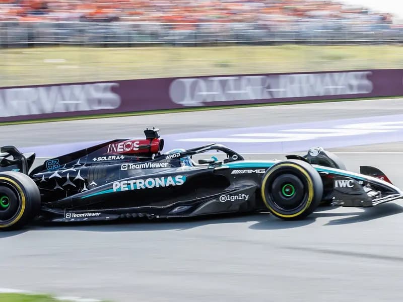 George Russell driving his Mercedes at the Dutch Grand Prix in Zandvoort in August 2024, a file photograph and not from Singapore or of the 2026 car
