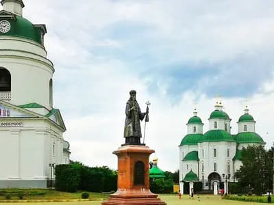 The Mykolaiv Church and the Transfiguration Cathedral in the centre of Pryluky, Ukraine, photographed in July 2014, a file photograph of the town and not of the building struck on Wednesday
