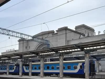 Covered platforms and blue passenger carriages beneath the main building of Dnipro railway station in Ukraine, photographed on 14 May 2021, a file photograph of the station and not of Thursday's strike or its victims