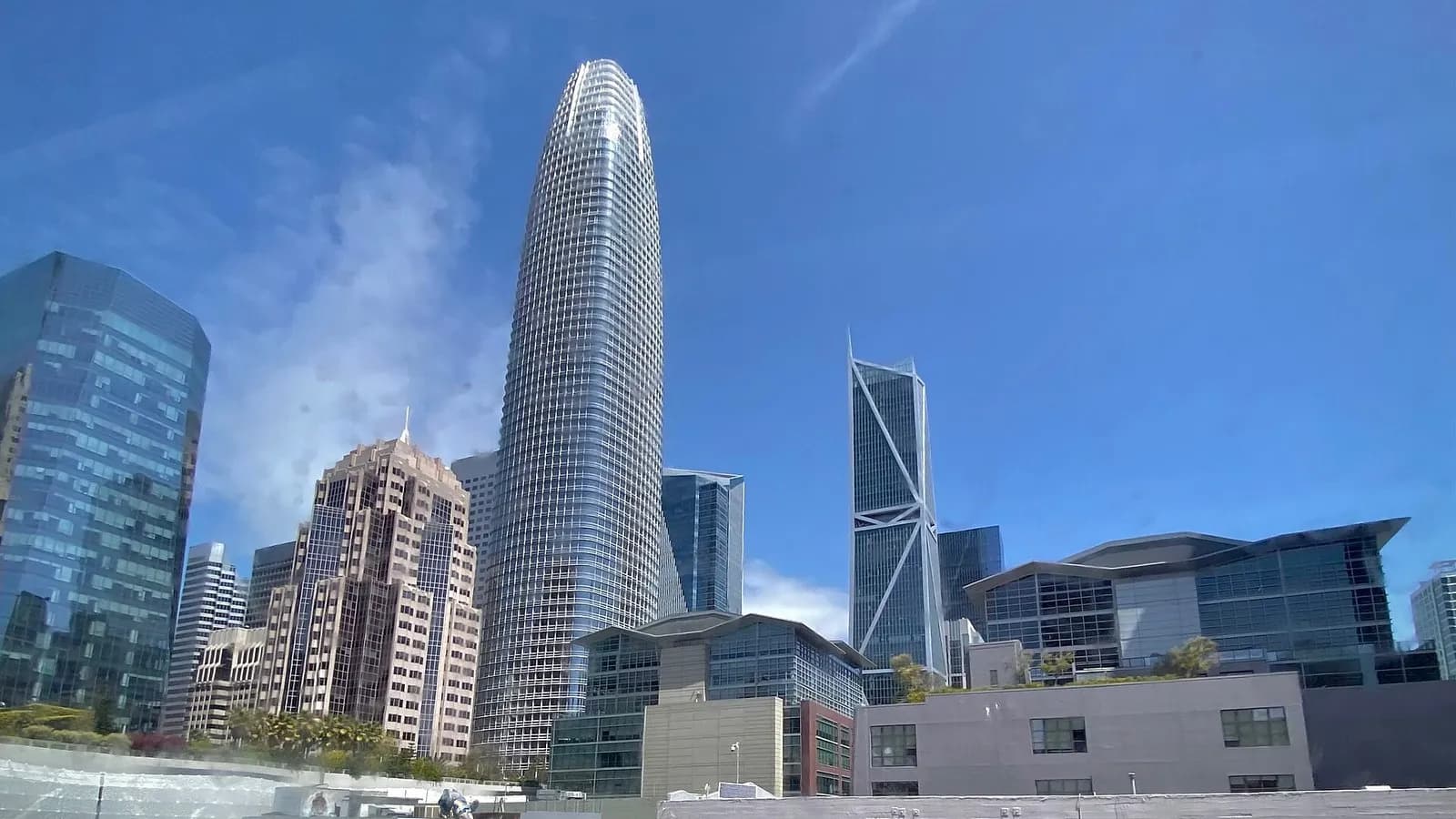 Salesforce Tower rising above other buildings in the San Francisco skyline under a blue sky, photographed on 16 April 2022, a file photograph of Salesforce's headquarters tower and not from the announcement
