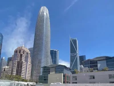 Salesforce Tower rising above other buildings in the San Francisco skyline under a blue sky, photographed on 16 April 2022, a file photograph of Salesforce's headquarters tower and not from the announcement