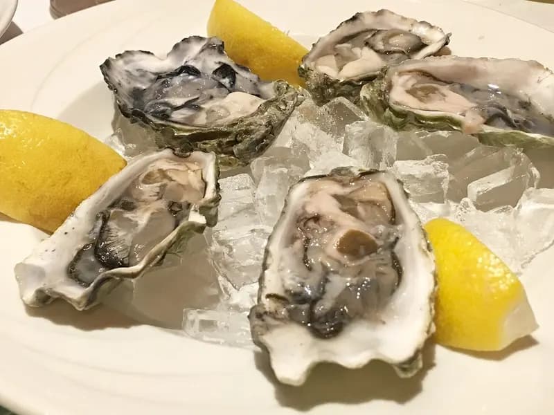 Five oysters in their shells on crushed ice with lemon wedges on a white plate, photographed on 16 December 2017, a file photograph illustrative of raw oysters and not of the recalled Little Wicomico River product