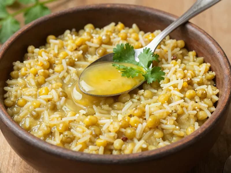 A bowl of golden kitchari topped with melting ghee and coriander