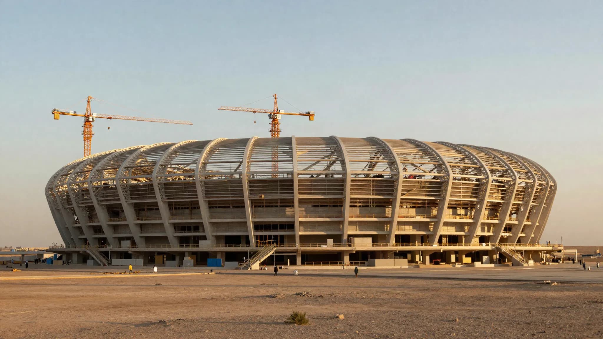 A large stadium under construction in a desert at golden hour