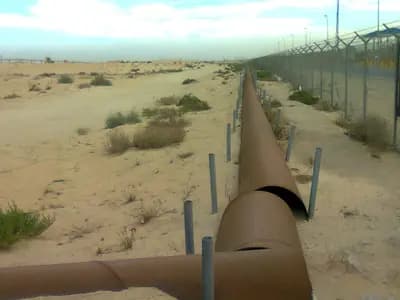 Oil pipelines running across the desert near Jubail in eastern Saudi Arabia, photographed in 2012; the East-West line begins at Abqaiq in the same province