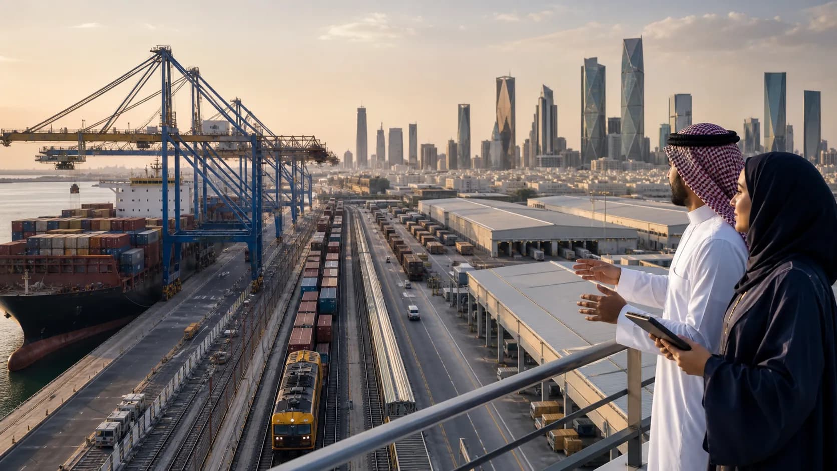Modern Saudi logistics infrastructure connecting a port, rail line and city