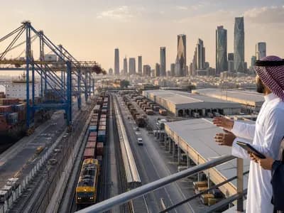 Modern Saudi logistics infrastructure connecting a port, rail line and city