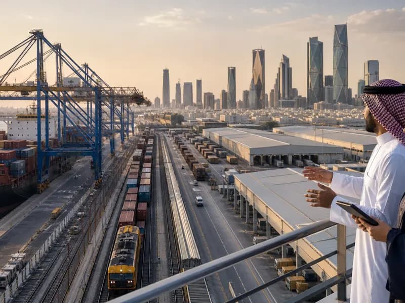 Modern Saudi logistics infrastructure connecting a port, rail line and city