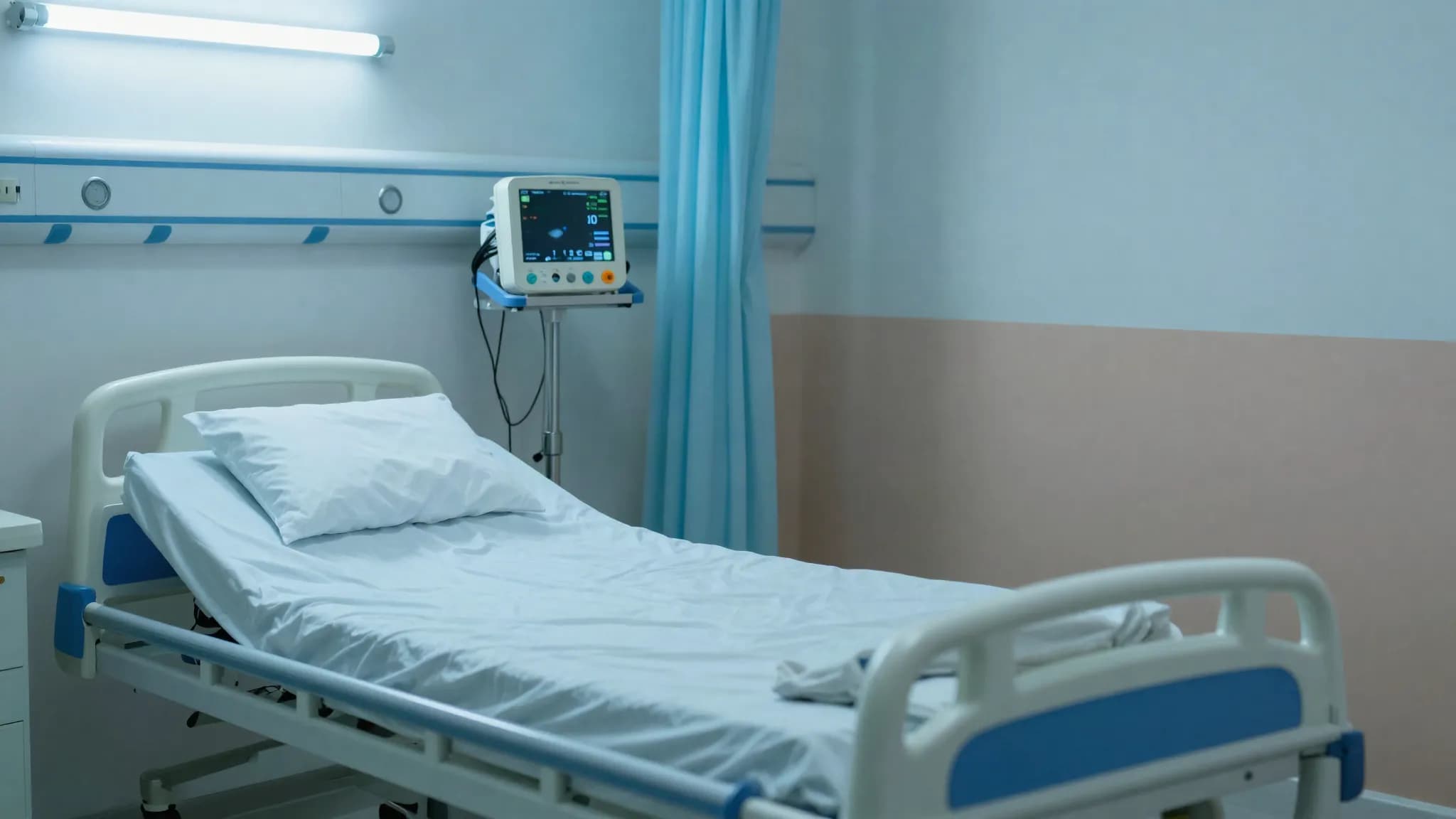 An empty intensive care bay with monitoring equipment