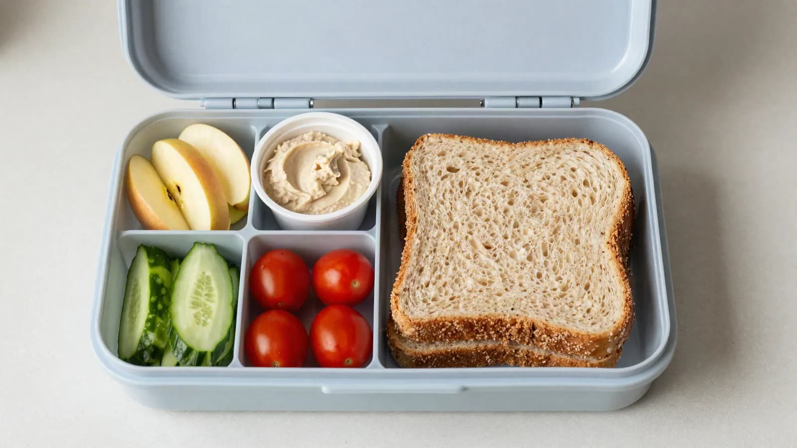 An open school lunchbox packed with fruit, sandwiches and snacks