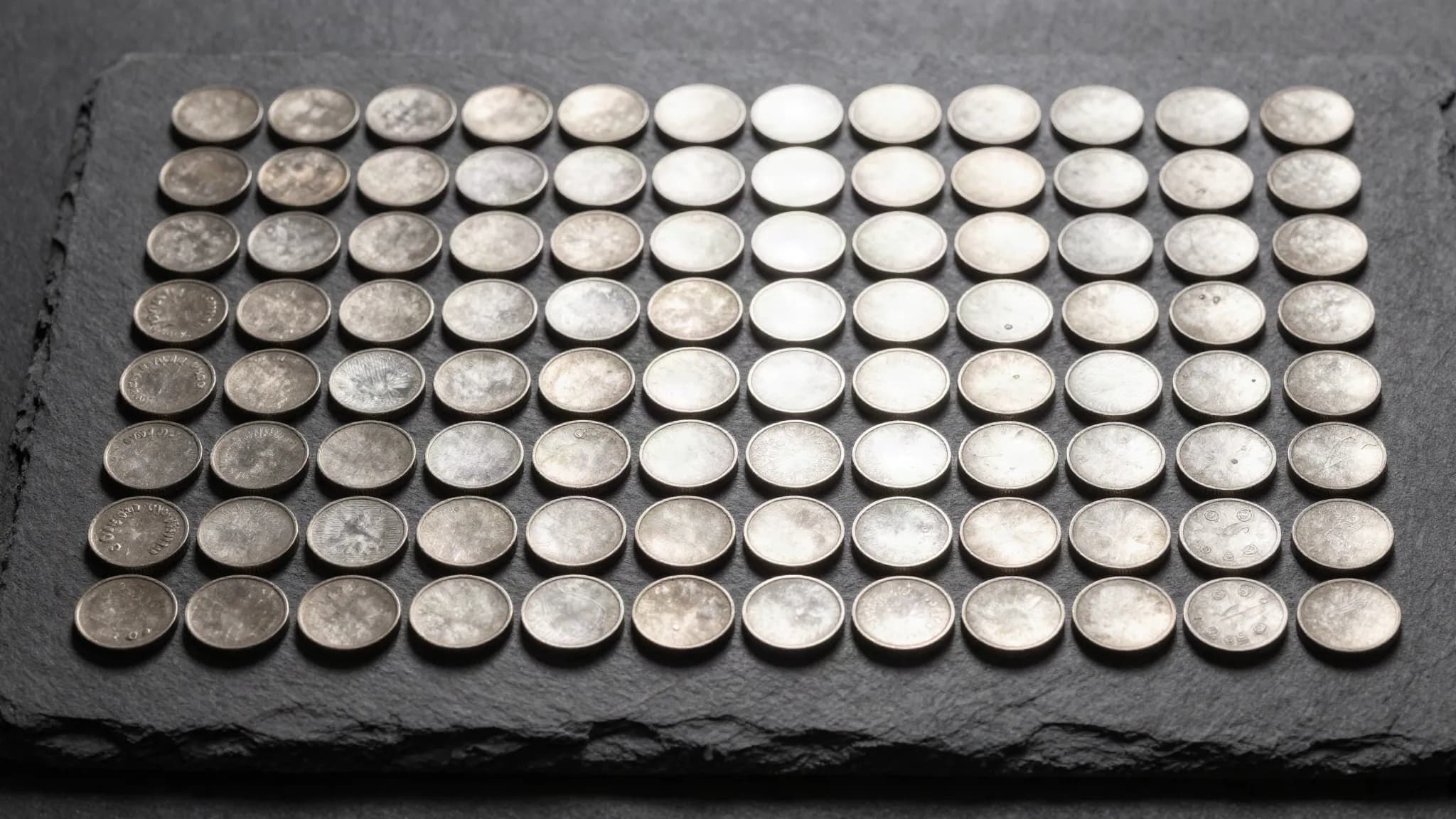 A grid of plain metal tokens on dark slate with one row lit