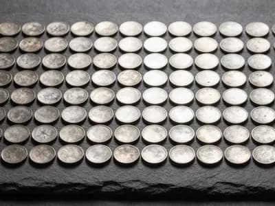 A grid of plain metal tokens on dark slate with one row lit
