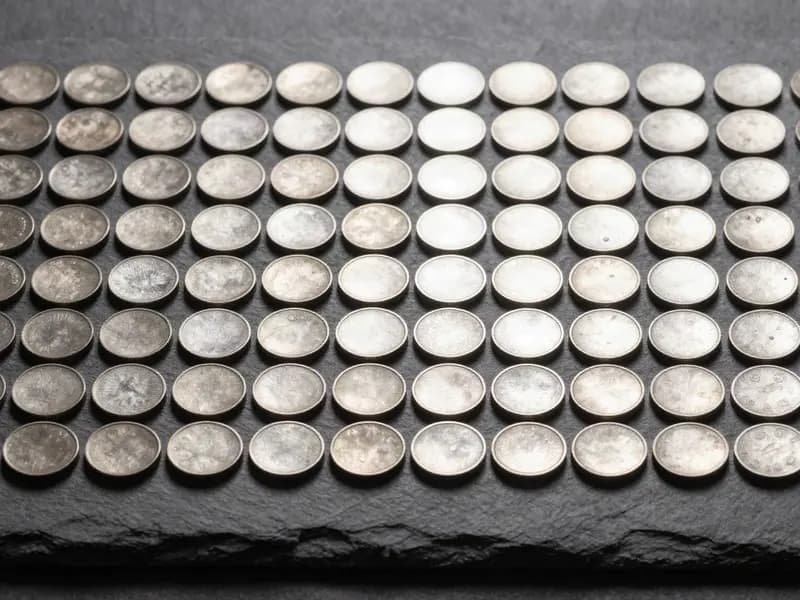 A grid of plain metal tokens on dark slate with one row lit
