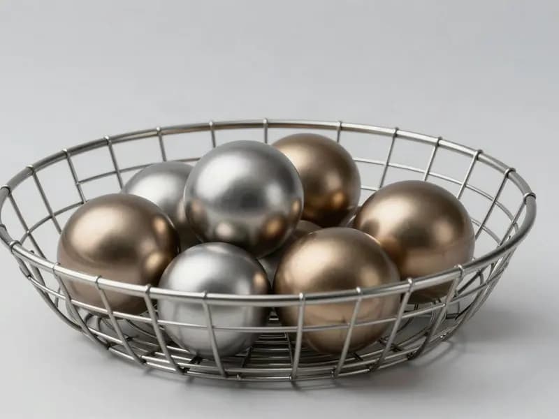 Editorial illustration of a wire basket holding polished metal spheres of different sizes