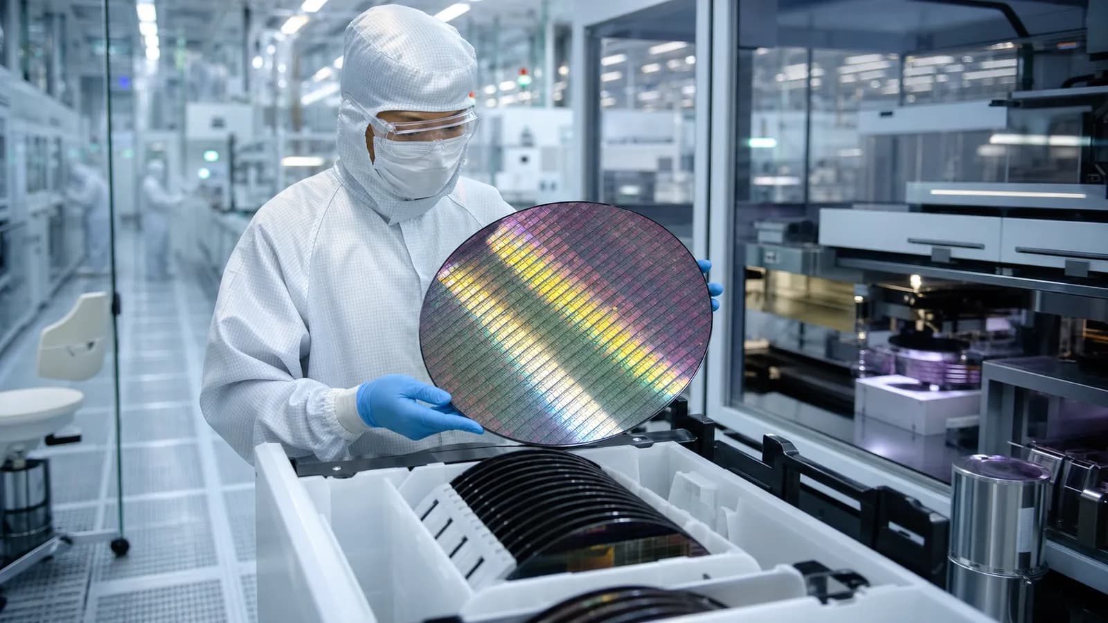 Engineers inspecting semiconductor wafers inside a modern fabrication facility
